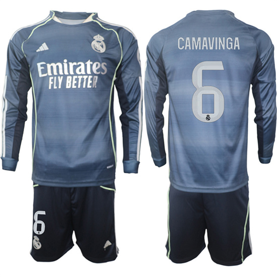 Men's Real Madrid #6 CAMAVINGA 2025-26 Away Long Sleeves Adidas Soccer Suit Jerseys