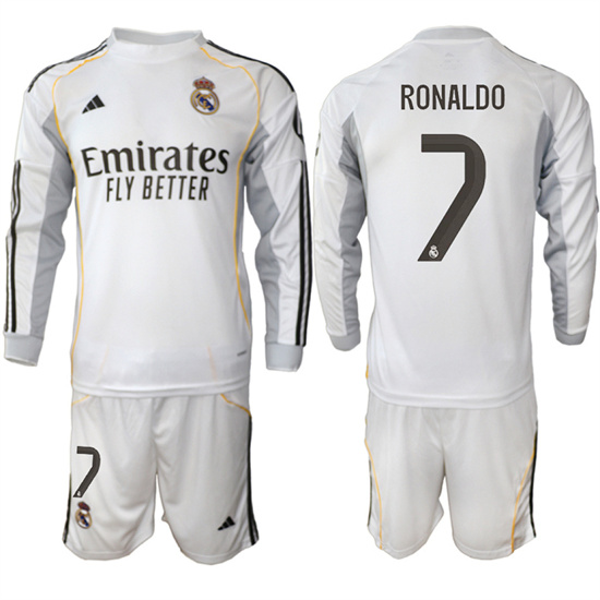 Men's Real Madrid #7 RONALDO 2025-26 Home White Long Sleeves Adidas Soccer Suit Jerseys