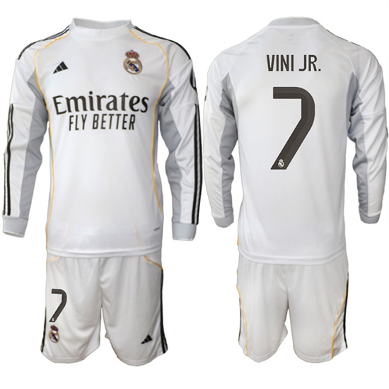 Men's Real Madrid #7 VINI JR. 2025-26 Home White Long Sleeves Adidas Soccer Suit Jerseys