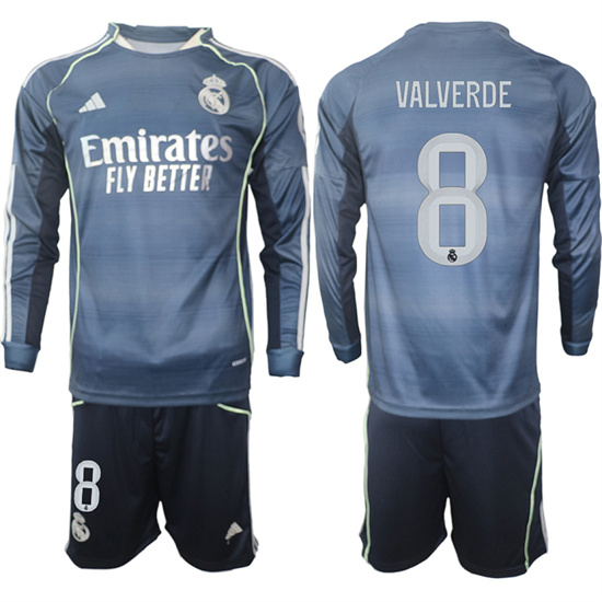 Men's Real Madrid #8 VALVERDE 2025-26 Away Long Sleeves Adidas Soccer Suit Jerseys