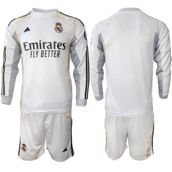 Men's Real Madrid Blank 2025-26 Home White Long Sleeves Adidas Soccer Suit Jerseys