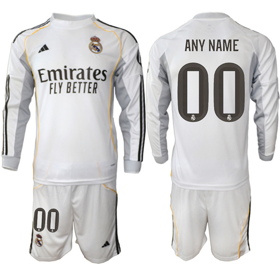 Men's Real Madrid Custom 2025-26 Home White Long Sleeves Adidas Soccer Suit Jerseys