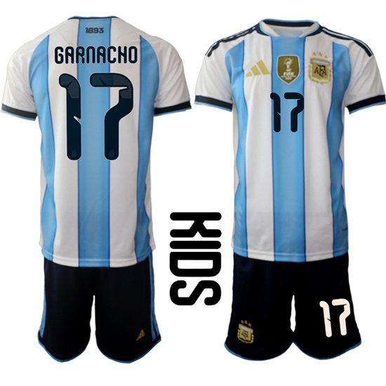Youth Argentina #17 GARNACHO National Team FIFA x World Cup 2026 Home White On Field Kids Jersey