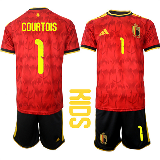 Youth Belgium #1 COURTOIS National Team FIFA x World Cup 2026 Home Red On Field Kids Jersey