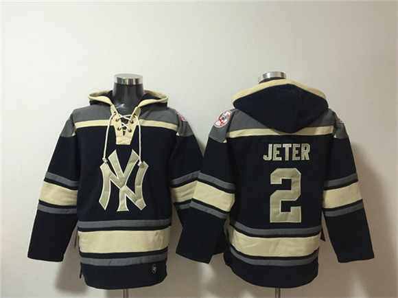 Men's New York Yankees #2 Derek Jeter Navy Ageless Must-Have Lace-Up Pullover Hoodie
