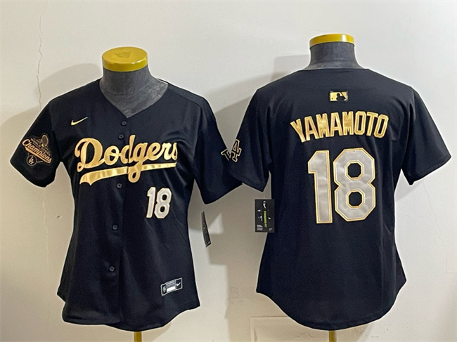 Women's Los Angeles Dodgers #18 Yoshinobu Yamamoto Black Gold 2025 World Series Champions Patch Limited Stitched Baseball Jersey(Run Small)