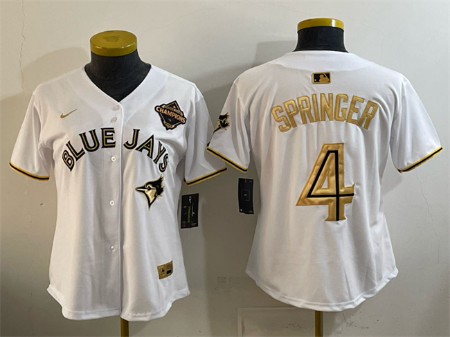 Women's Toronto Blue Jays #4 George Springer White Gold 2025 American League Champions Limited Stitched Baseball Jersey(Run Small)