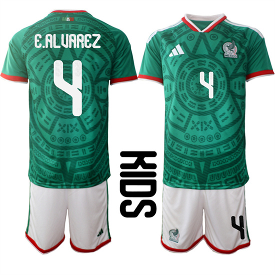Youth Mexico #4 E.ALUAREZ National Team FIFA x World Cup 2026 Home Green On Field Kids Jersey