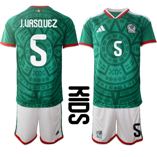 Youth Mexico #5 J.UASQUEZ National Team FIFA x World Cup 2026 Home Green On Field Kids Jersey