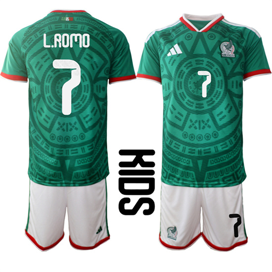 Youth Mexico #7 L.ROMO National Team FIFA x World Cup 2026 Home Green On Field Kids Jersey