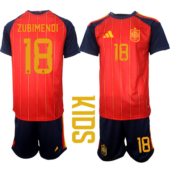 Youth Spain #18 ZUBIMENDI National Team FIFA x World Cup 2026 Home Red On Field Kids Jerseys