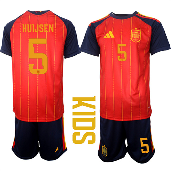 Youth Spain #5 HUIJSEN National Team FIFA x World Cup 2026 Home Red On Field Kids Jerseys