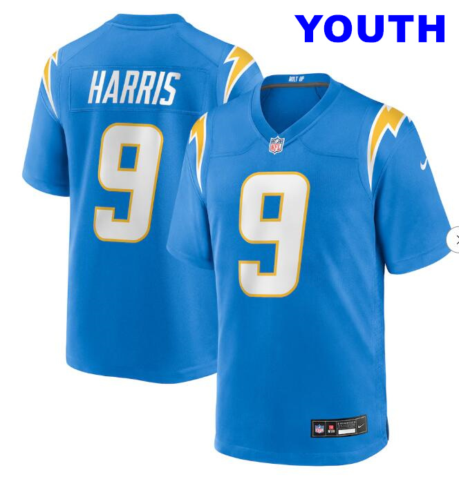 Youth Los Angeles Chargers #9 Tre Harris Alternate Charger Powder Blue Game Jersey