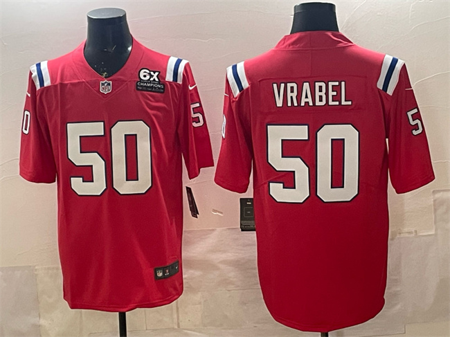 Men's New England Patriots #50 Mike Vrabel Red With 6x Super Bowl Champions Patch Vapor Limited Football Stitched Jersey