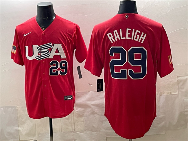 Men's USA Baseball #29 Cal Raleigh 2023 Red World Baseball Classic Stitched Jersey