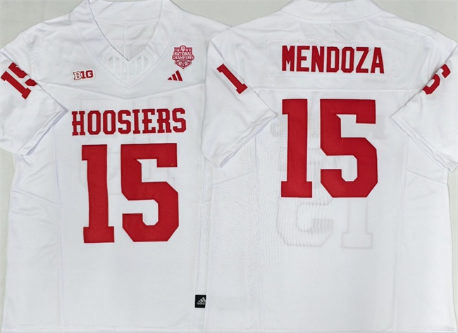 Men's Indiana Hoosiers #15 Fernando Mendoza With 2025-26 Champion Patch White College Football Jersey