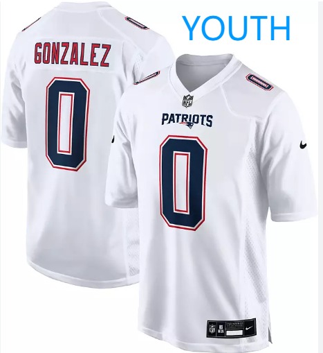 Youth New England Patriots #0 Christian Gonzalez White Stitched Game Jersey