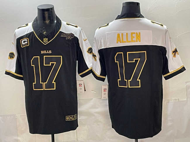 Men's Buffalo Bills #17 Josh Allen Black Gold 2025 F.U.S.E. With Bills Mafia Patch & 4-Star C Patch Vapor Limited Football Stitched Jersey