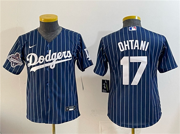 Youth Los Angeles Dodgers #17 Shohei Ohtani Navy Pinstripe 2025 World Series Champions Patch Cool Base Stitched Baseball Jersey