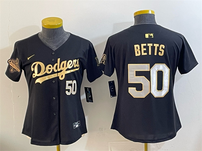 Youth Los Angeles Dodgers #50 Mookie Betts Black Gold 2025 World Series Champions Patch Limited Stitched Baseball Jersey