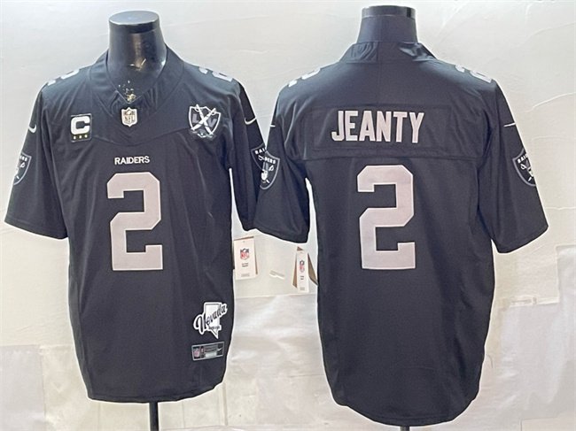 Men's Las Vegas Raiders #2 Ashton Jeanty Black 2025 Draft F.U.S.E. With 4-Star C Patch Nevada Silver Stat Patch And 65th Anniversary Patch Stitched Football Jersey