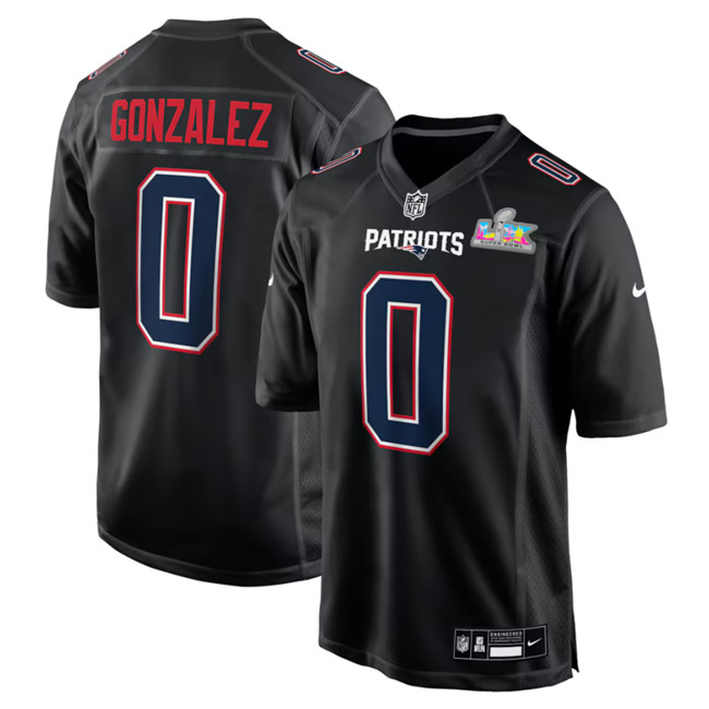 Men's New England Patriots #0 Christian Gonzalez Black 2025 Super Bowl LX Patch Carbon Fashion Stitched Game Jersey