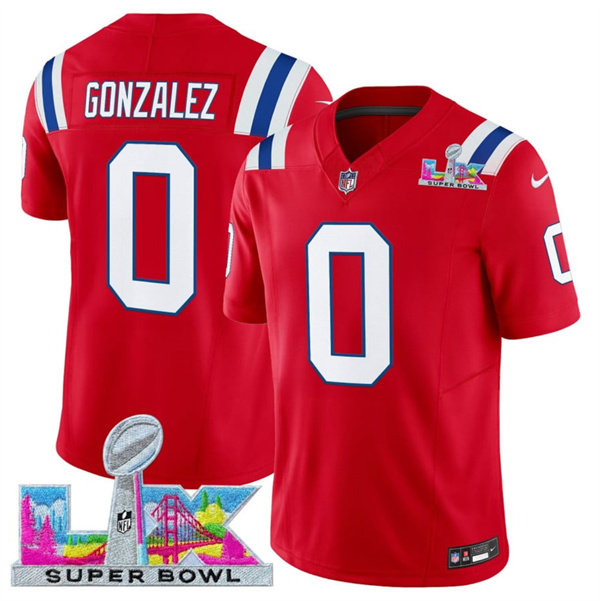 Men's New England Patriots #0 Christian Gonzalez Red 2025 F.U.S.E. Super Bowl LX Patch Vapor Limited Football Stitched Jersey
