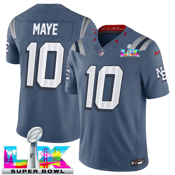 Men's New England Patriots #10 Drake Maye Storm Blue 2025 F.U.S.E. Super Bowl LX Patch “Rivalries” Vapor Limited Football Stitched Jersey