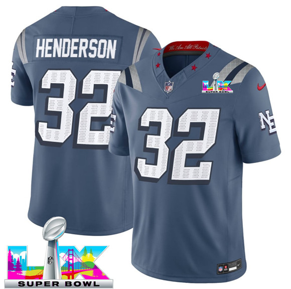 Men's New England Patriots #32 TreVeyon Henderson Storm Blue 2025 F.U.S.E. Super Bowl LX Patch “Rivalries” Vapor Limited Football Stitched Jersey