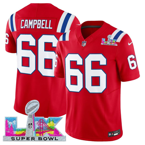 Men's New England Patriots #66 Will Campbell Red 2025 F.U.S.E. Super Bowl LX Patch Vapor Limited Football Stitched Jersey