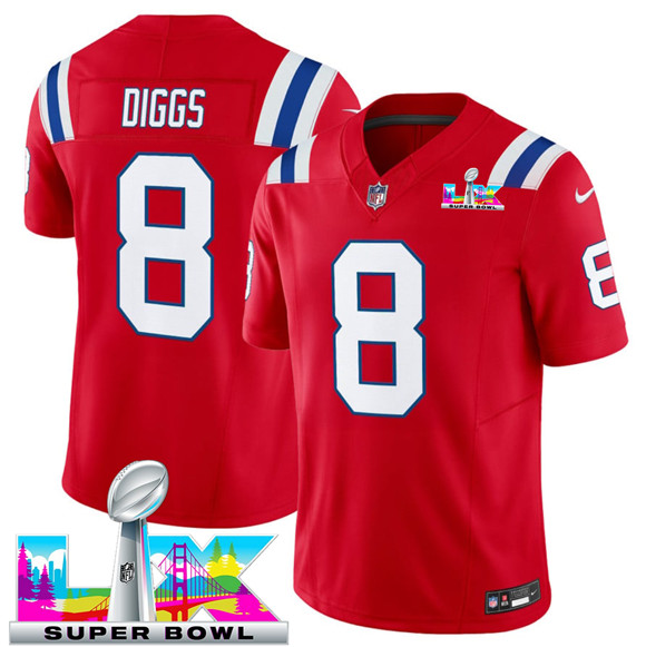 Men's New England Patriots #8 Stefon Diggs Red 2025 F.U.S.E. Super Bowl LX Patch Vapor Limited Football Stitched Jersey