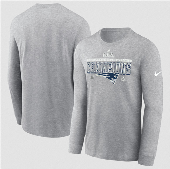 Men's New England Patriots Heather Gray 2025 AFC Champions Locker Room Trophy Collection Long Sleeve T-Shirt
