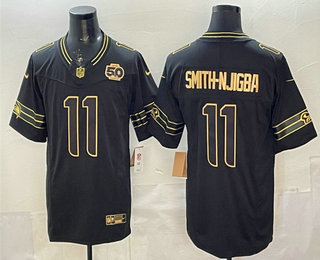 Men's Seattle Seahawks #11 Jaxon Smith-Njigba Black Gold 2025 FUSE 50th Season Patch Limited Stitched Jersey