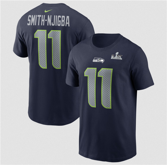 Men's Seattle Seahawks #11 Jaxon Smith-Njigba College Navy 2025 Super Bowl LX Patch Name & Number T-Shirt