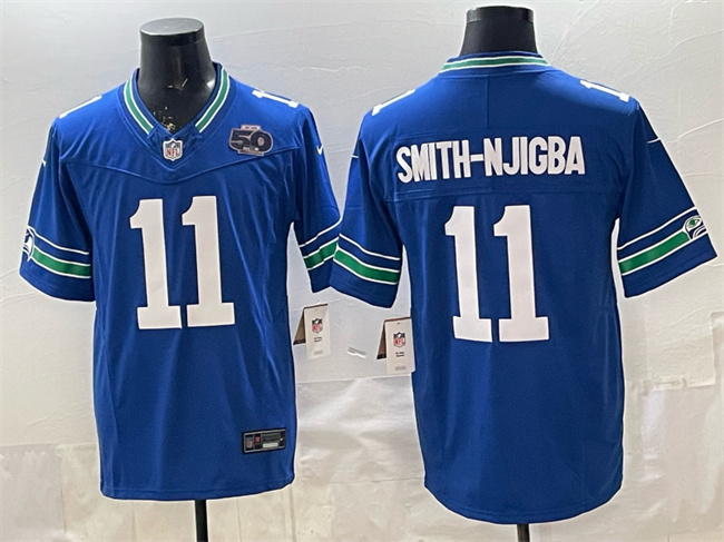 Men's Seattle Seahawks #11 Jaxon Smith-Njigba Royal 2025 F.U.S.E. 50th Season Patch Throwback Vapor Limited Football Stitched Jersey