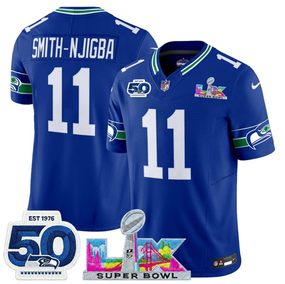 Men's Seattle Seahawks #11 Jaxon Smith-Njigba Royal 2025 F.U.S.E. Super Bowl LX Patch And 50th Season Patch Vapor Throwback Limited Football Stitched Jersey