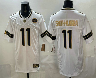 Men's Seattle Seahawks #11 Jaxon Smith-Njigba White Gold 2025 FUSE 50th Season Patch Limited Stitched Jersey