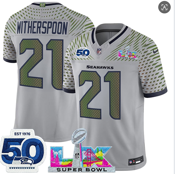 Men's Seattle Seahawks #21 Devon Witherspoon Gray 2025 F.U.S.E. Super Bowl LX Patch And 50th Season Patch “Rivalries” Vapor Limited Football Stitched Jersey