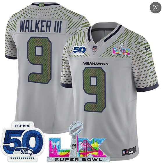 Men's Seattle Seahawks #9 Kenneth Walker III Gray 2025 F.U.S.E. Super Bowl LX Patch And 50th Season Patch “Rivalries” Vapor Limited Football Stitched Jersey