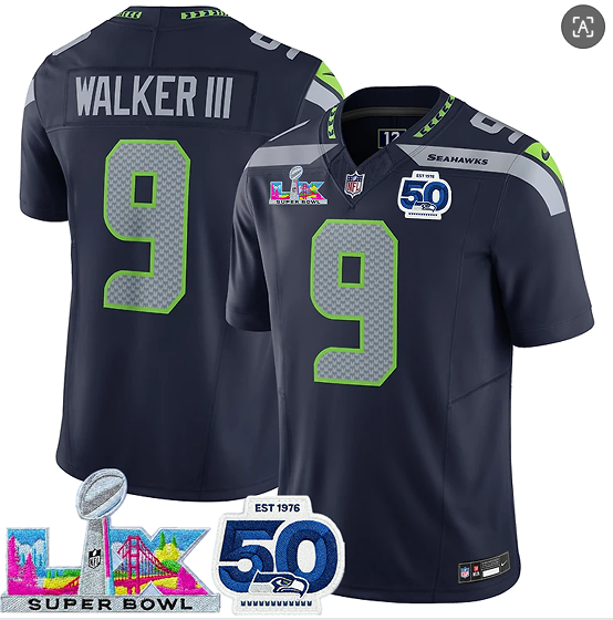 Men's Seattle Seahawks #9 Kenneth Walker III Navy 2025 F.U.S.E. Super Bowl LX Patch And 50th Season Patch Vapor Limited Football Stitched Jersey