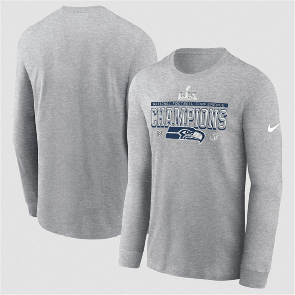 Men's Seattle Seahawks Heather Gray 2025 NFC Champions Locker Room Trophy Collection Long Sleeve T-Shirt