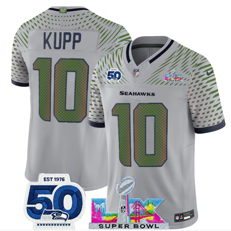 Men's Seattle Seahawks #10 Cooper Kupp Grey 2025 F.U.S.E. Super Bowl LX Patch And 50th Season Patch “Rivalries” Vapor Limited Football Stitched Jersey