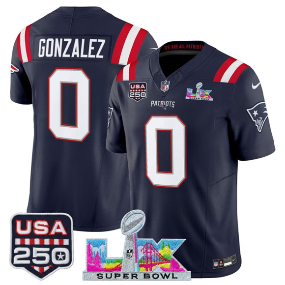 Men's New England Patriots #0 Christian Gonzalez Navy 2025 F.U.S.E. Super Bowl LX Patch And USA 250' Patch Vapor Limited Football Stitched Jersey