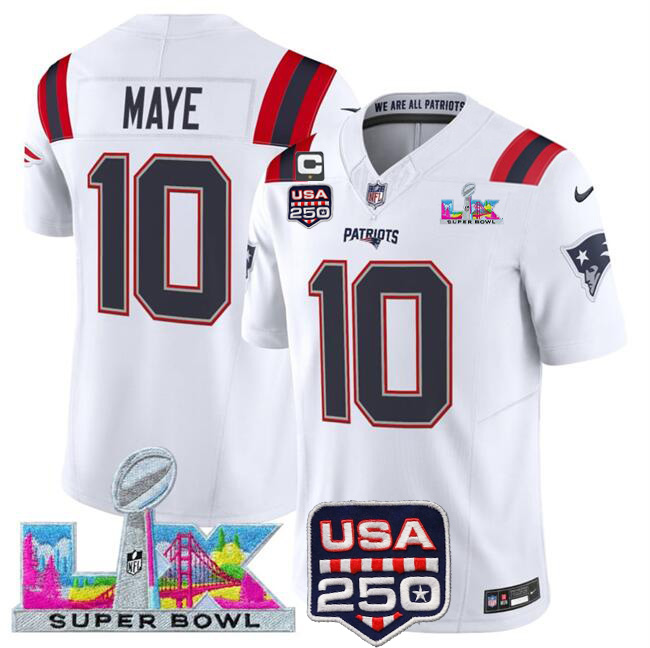 Men's New England Patriots #10 Drake Maye White 2025 F.U.S.E. Super Bowl LX Patch USA 250' Patch Vapor Limited Football Stitched Jersey