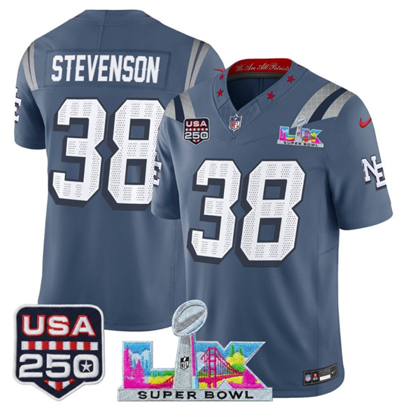 Men's New England Patriots #38 Rhamondre Stevenson Storm Blue 2025 F.U.S.E. Super Bowl LX & USA 250' Patch “Rivalries” Vapor Limited Football Stitched Jersey