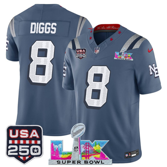 Men's New England Patriots #8 Stefon Diggs Storm Blue 2025 F.U.S.E. Super Bowl LX & USA 250' Patch “Rivalries” Vapor Limited Football Stitched Jersey