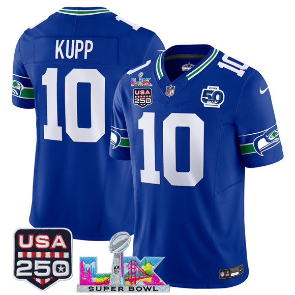 Men's Seattle Seahawks #10 Cooper Kupp Royal 2025 F.U.S.E. Super Bowl LX Patch And 50th Season Patch Vapor Throwback Limited Football Stitched Jersey