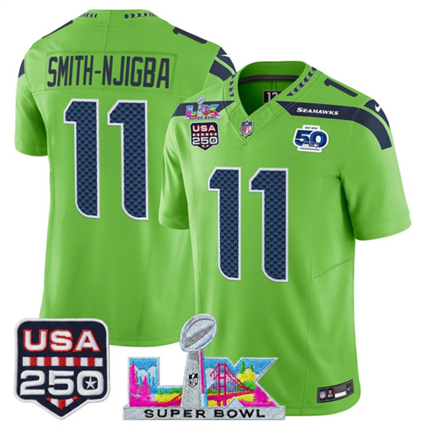 Men's Seattle Seahawks #11 Jaxon Smith-Njigba Green 2025 F.U.S.E. Super Bowl LX Patch And 50th Season & USA 250' Patch Vapor Limited Football Stitched Jersey