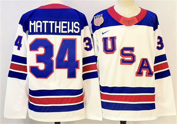 Men's USA #34 Auston Matthews White 2025-2026 Stitched Jersey