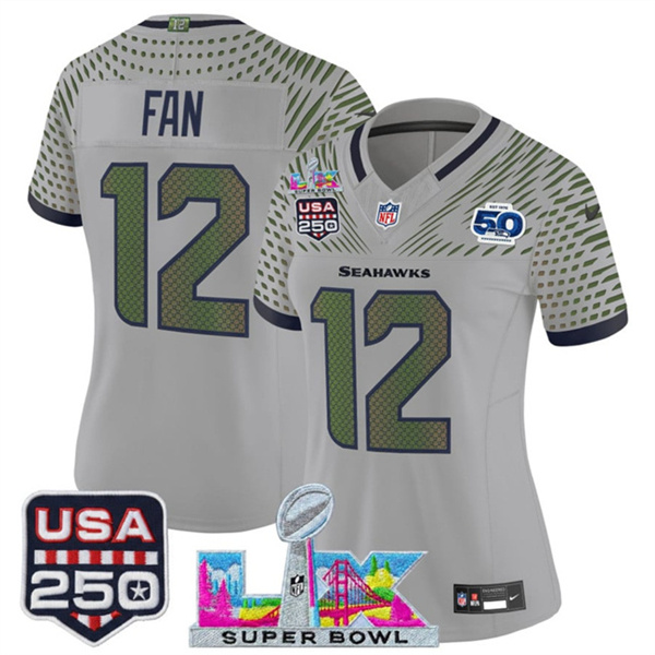 Women's Seattle Seahawks #12 Fan Gray 2025 F.U.S.E. Super Bowl LX & US 250th anniversary Patch And 50th Season Patch “Rivalries” Vapor Limited Football Stitched Jersey(Run Small)